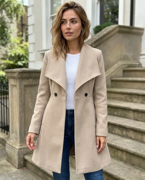 Satin Eve styling: Wide-Lapel Flared Wool-Look Coat