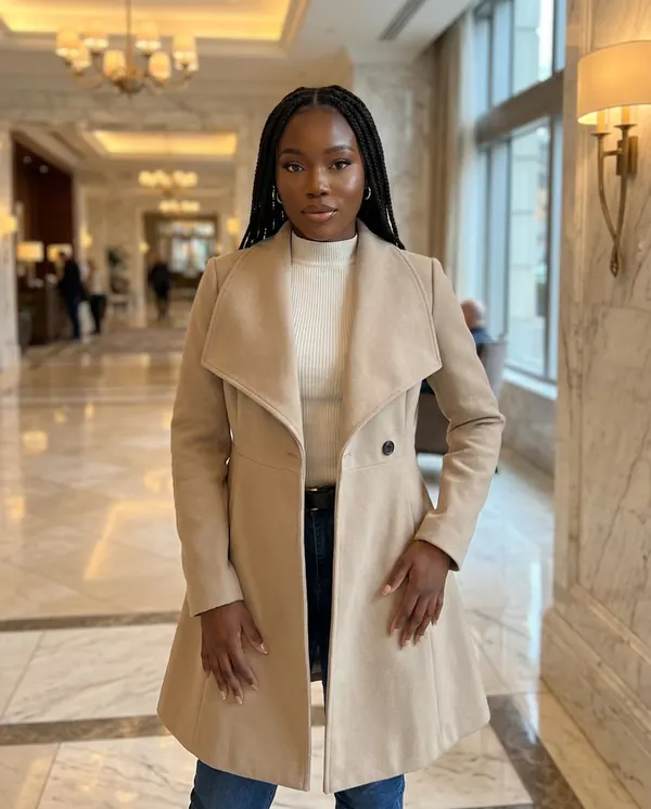 Satin Eve styling: Wide-Lapel Flared Wool-Look Coat