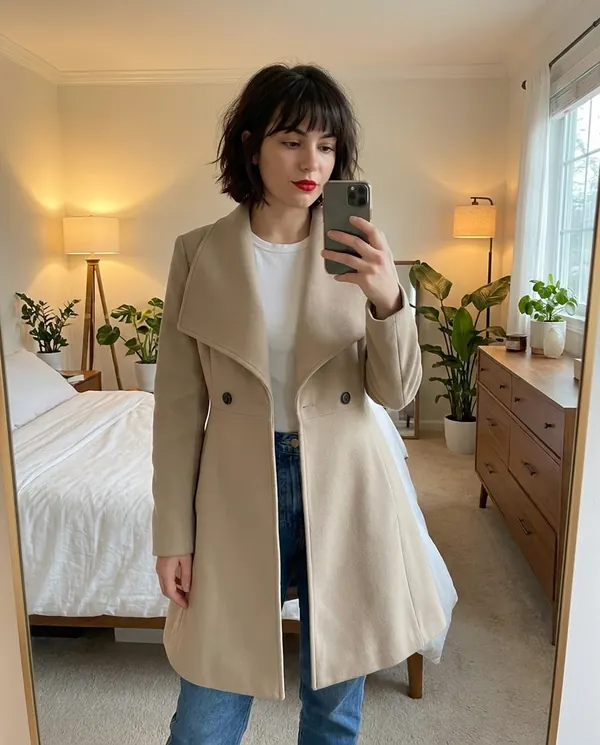 Satin Eve styling: Wide-Lapel Flared Wool-Look Coat