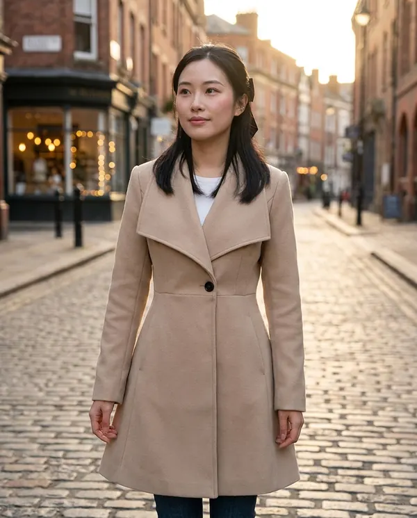 Satin Eve styling: Wide-Lapel Flared Wool-Look Coat