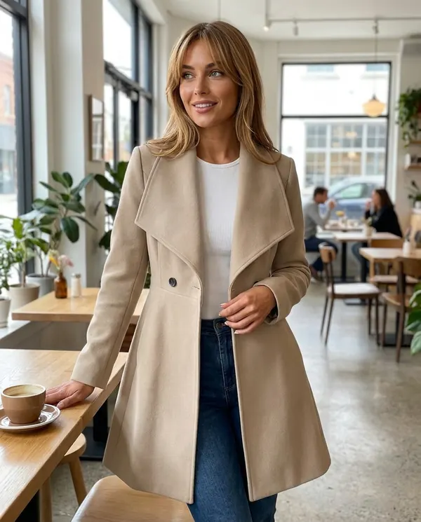 Satin Eve styling: Wide-Lapel Flared Wool-Look Coat