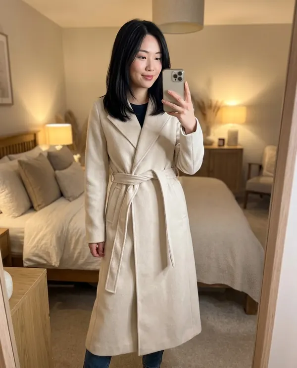 Satin Eve styling: Tie-Waist Wrap Wool-Look Coat