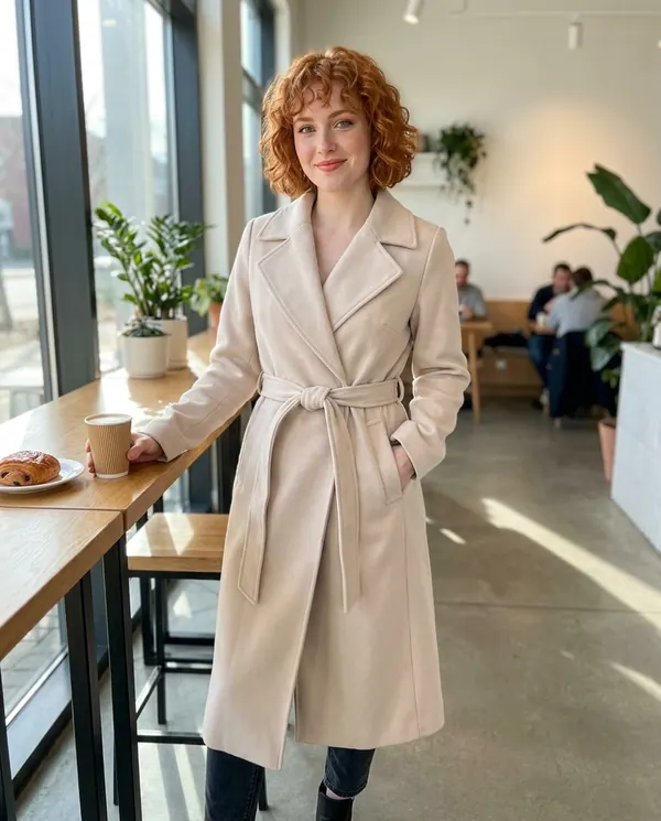 Satin Eve styling: Tie-Waist Wrap Wool-Look Coat