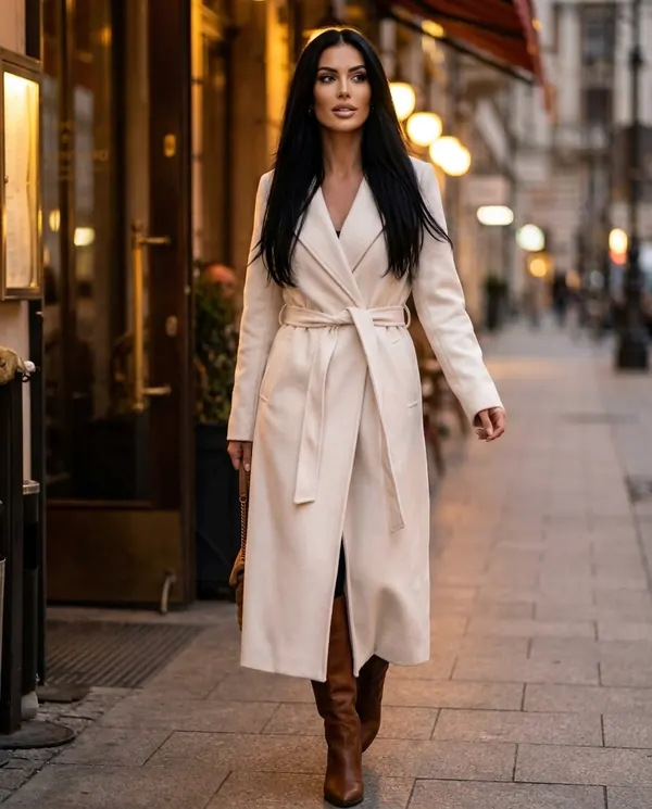 Satin Eve styling: Tie-Waist Wrap Wool-Look Coat
