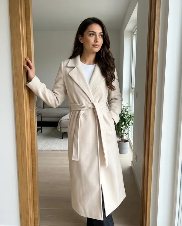 Satin Eve styling: Tie-Waist Wrap Wool-Look Coat
