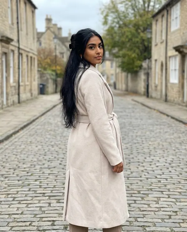 Satin Eve styling: Tie-Waist Wrap Wool-Look Coat