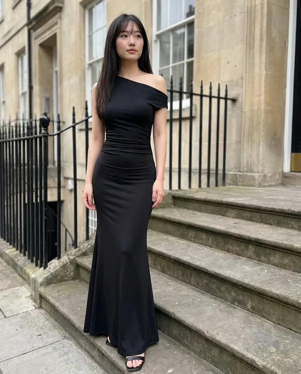 Satin Eve styling: Asymmetric Ruched Jersey Maxi Dress