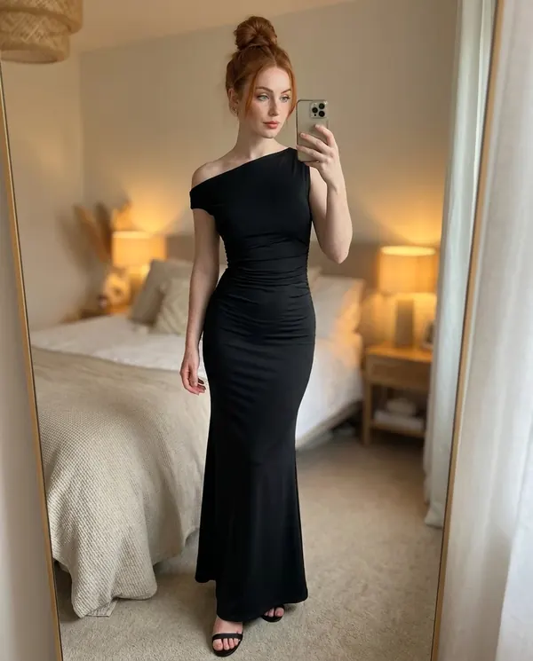 Satin Eve styling: Asymmetric Ruched Jersey Maxi Dress