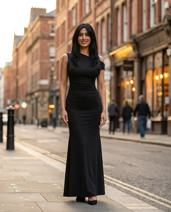 Satin Eve styling: Asymmetric Ruched Jersey Maxi Dress