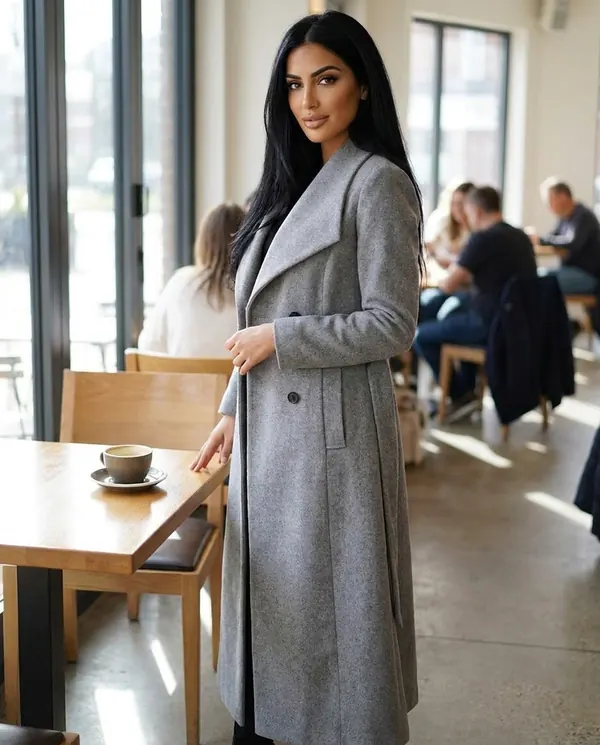 Satin Eve styling: Shawl-Collar Belted Wool-Look Coat