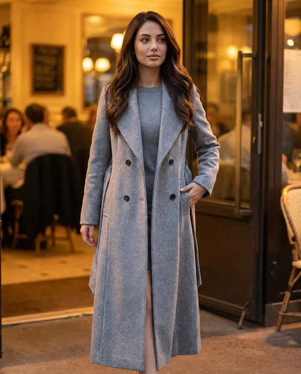 Satin Eve styling: Shawl-Collar Belted Wool-Look Coat