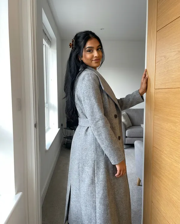 Satin Eve styling: Shawl-Collar Belted Wool-Look Coat