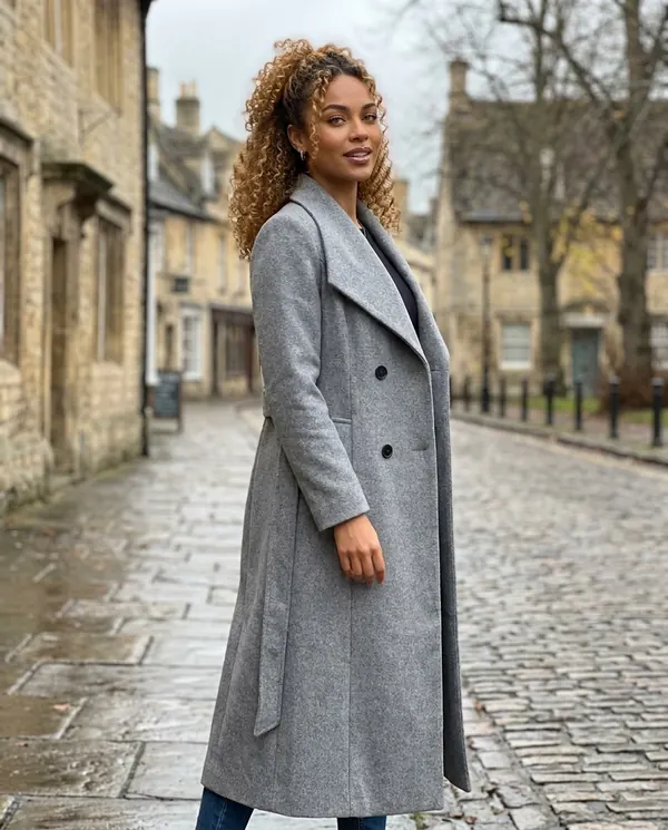 Satin Eve styling: Shawl-Collar Belted Wool-Look Coat