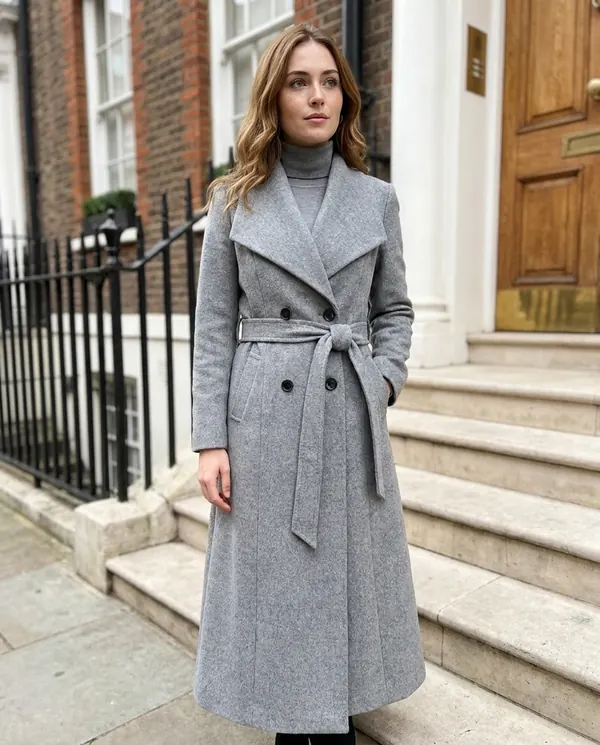 Satin Eve styling: Shawl-Collar Belted Wool-Look Coat