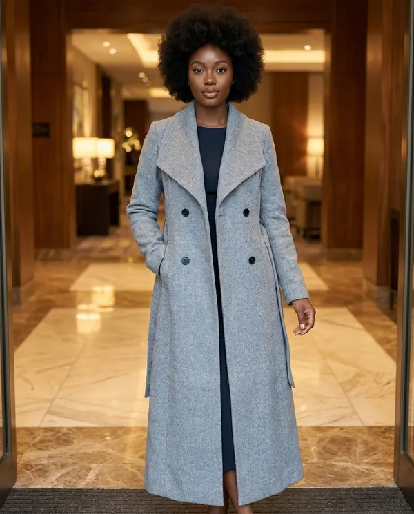 Satin Eve styling: Shawl-Collar Belted Wool-Look Coat