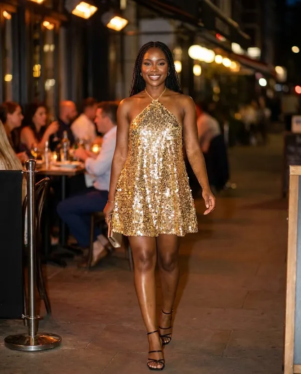 Satin Eve styling: Sequin Halter Swing Mini Dress