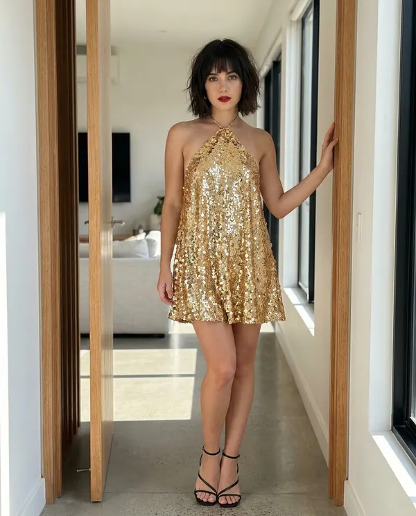 Satin Eve styling: Sequin Halter Swing Mini Dress