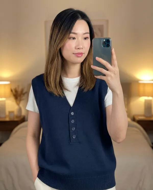 Satin Eve styling: Navy V-Neck Knit Vest