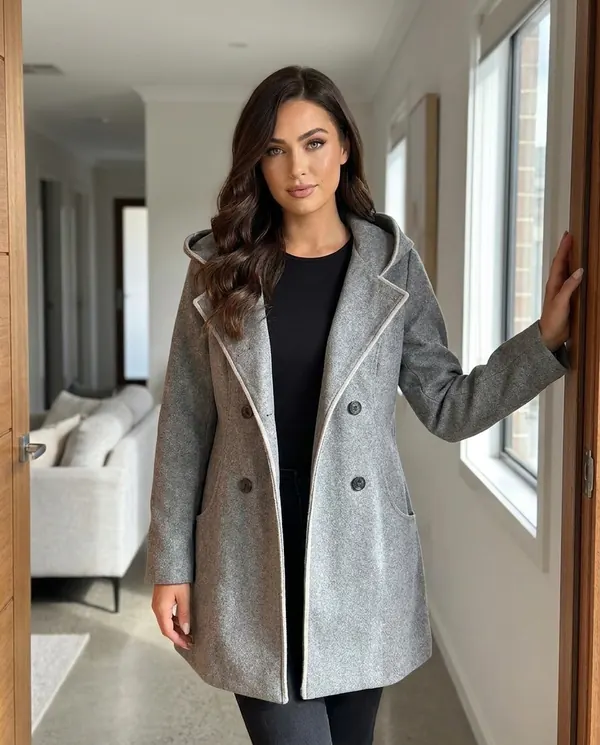 Satin Eve styling: Hooded Double-Breasted Wool-Look Coat