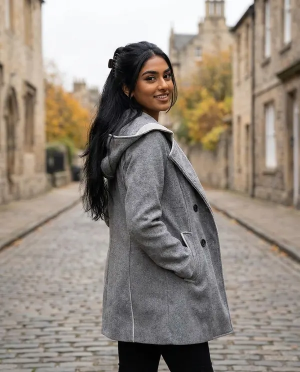 Satin Eve styling: Hooded Double-Breasted Wool-Look Coat