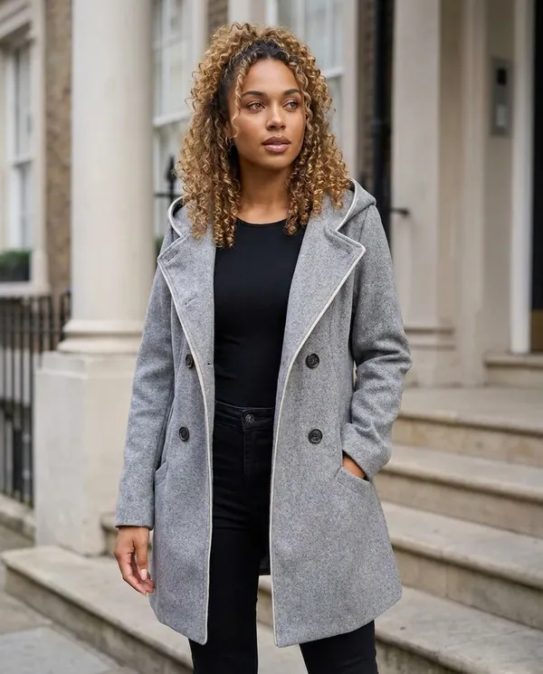 Satin Eve styling: Hooded Double-Breasted Wool-Look Coat