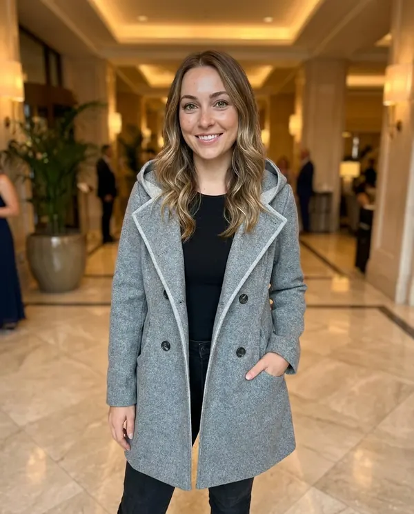 Satin Eve styling: Hooded Double-Breasted Wool-Look Coat