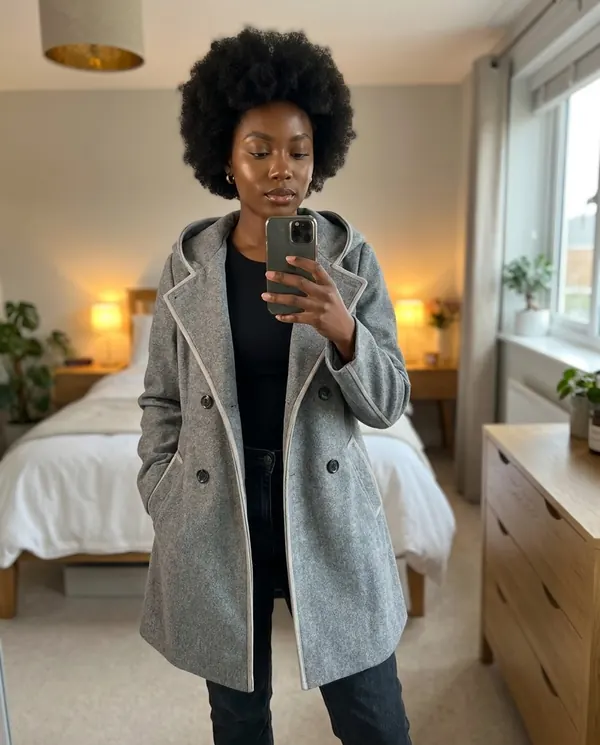 Satin Eve styling: Hooded Double-Breasted Wool-Look Coat