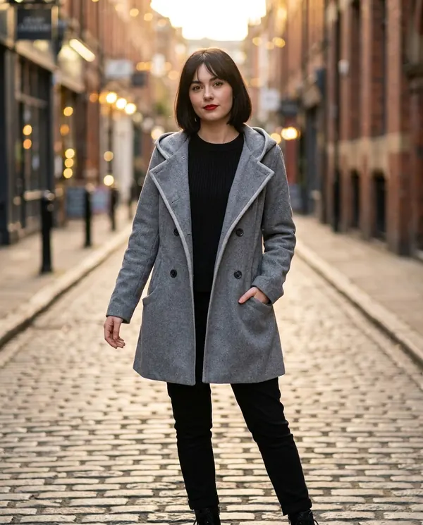 Satin Eve styling: Hooded Double-Breasted Wool-Look Coat