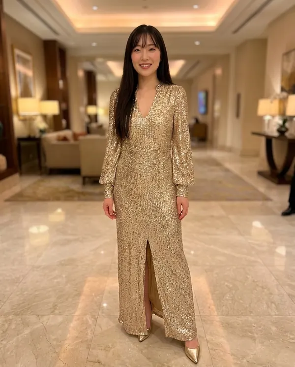 Satin Eve styling: Long-Sleeve Sequin Slit Maxi Dress