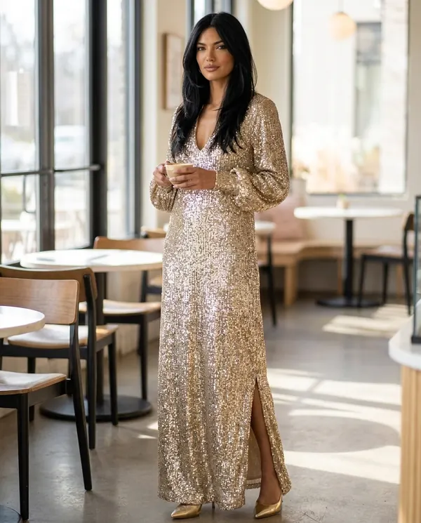 Satin Eve styling: Long-Sleeve Sequin Slit Maxi Dress