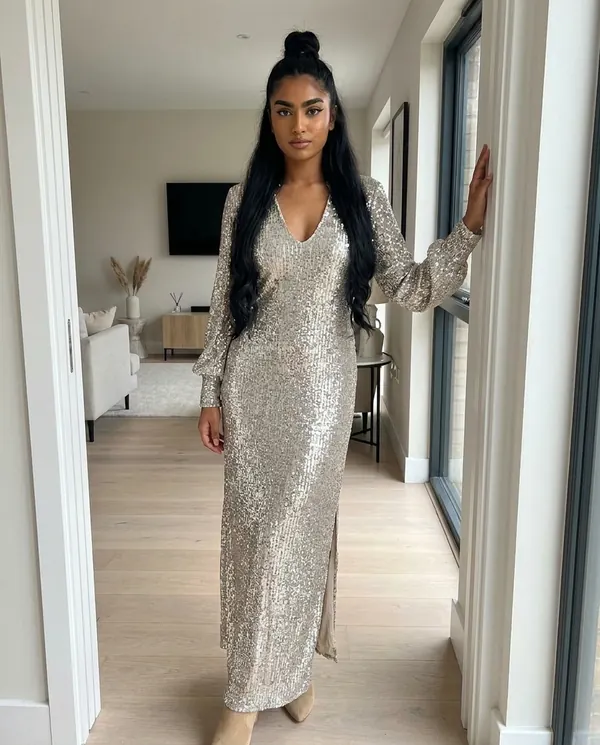 Satin Eve styling: Long-Sleeve Sequin Slit Maxi Dress