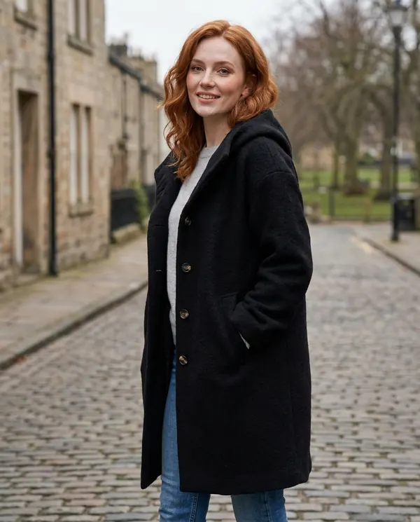 Satin Eve styling: Soft Hooded Wool-Look Coat