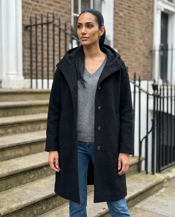 Satin Eve styling: Soft Hooded Wool-Look Coat
