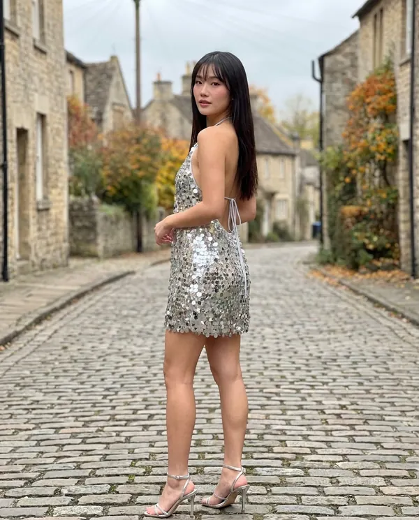 Satin Eve styling: Paillette Halter Backless Mini Dress