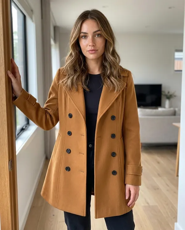 Satin Eve styling: Flared Double-Breasted Wool-Look Coat