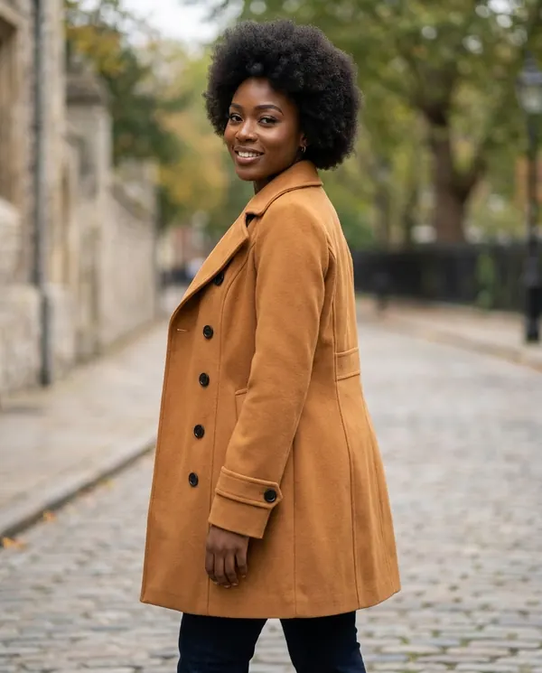 Satin Eve styling: Flared Double-Breasted Wool-Look Coat
