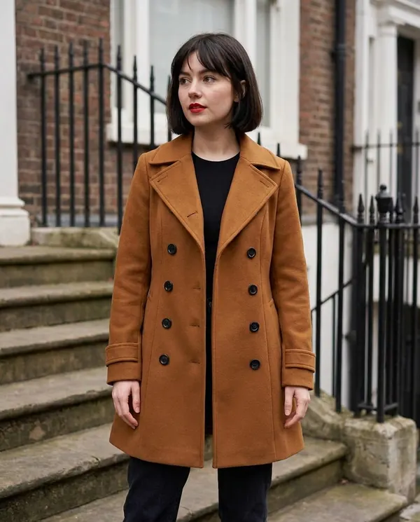 Satin Eve styling: Flared Double-Breasted Wool-Look Coat