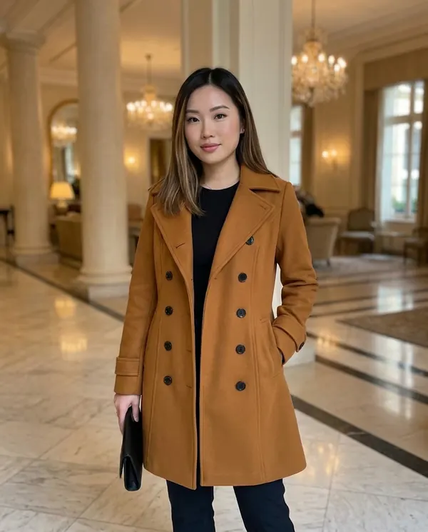 Satin Eve styling: Flared Double-Breasted Wool-Look Coat