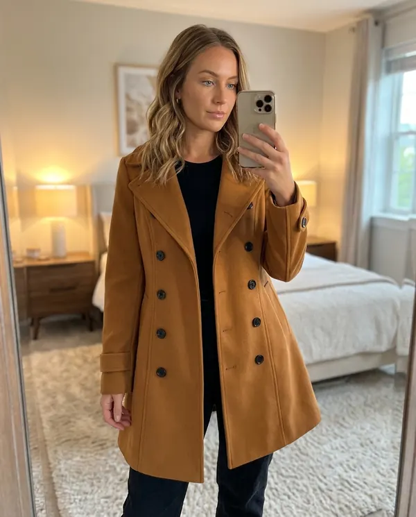 Satin Eve styling: Flared Double-Breasted Wool-Look Coat
