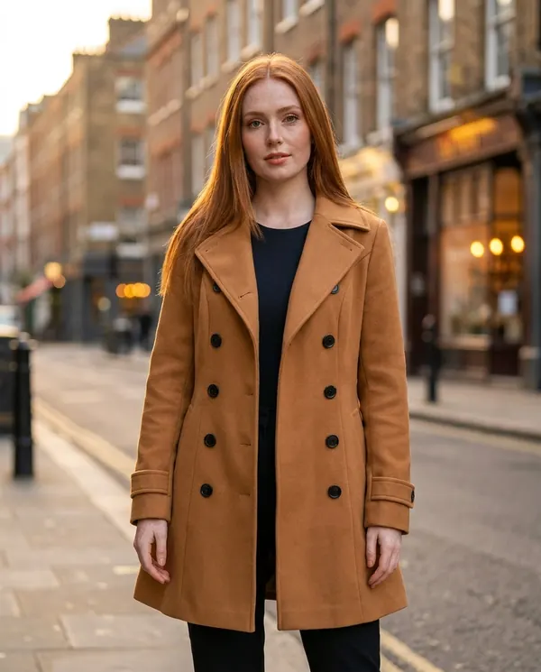 Satin Eve styling: Flared Double-Breasted Wool-Look Coat