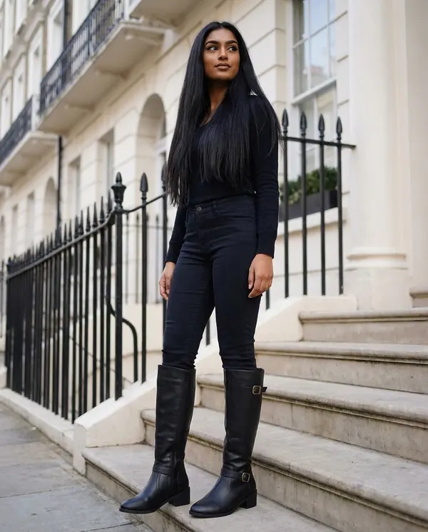 Satin Eve styling: Buckle Block-Heel Knee-High Boot