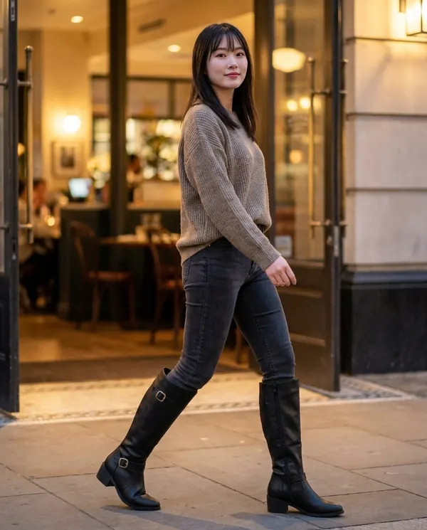 Satin Eve styling: Buckle Block-Heel Knee-High Boot