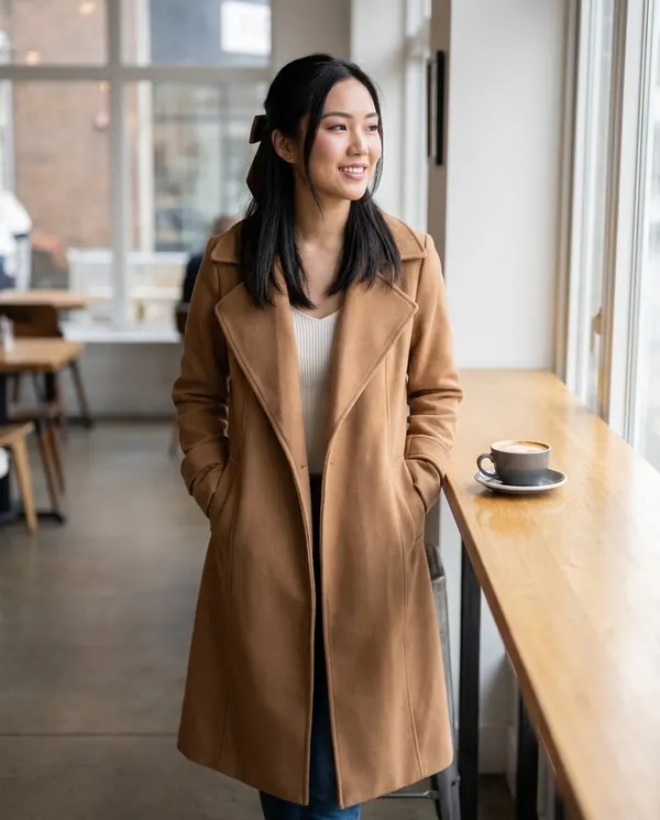 Satin Eve styling: Open-Front Long Wool-Look Coat with Lapel