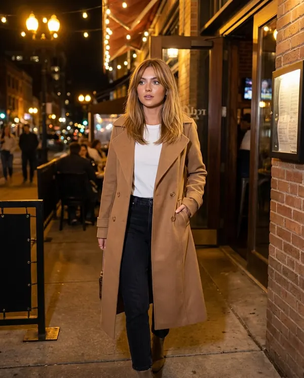 Satin Eve styling: Open-Front Long Wool-Look Coat with Lapel