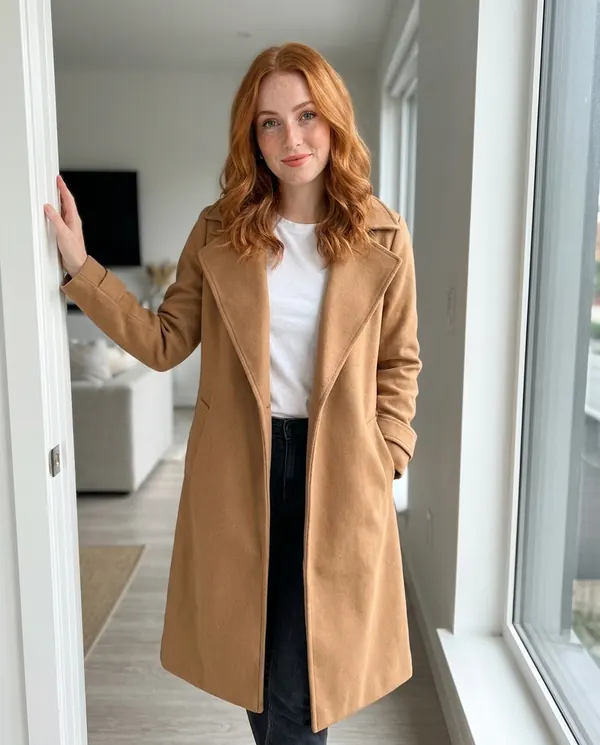 Satin Eve styling: Open-Front Long Wool-Look Coat with Lapel