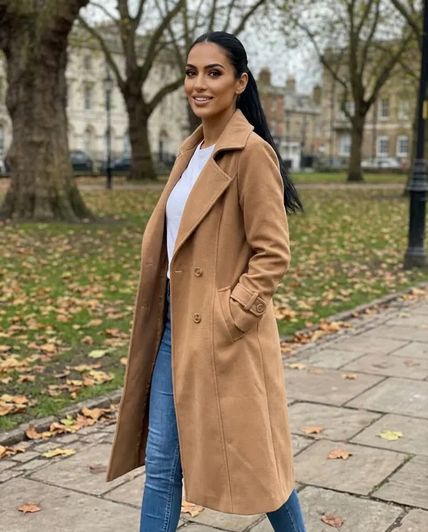 Satin Eve styling: Open-Front Long Wool-Look Coat with Lapel