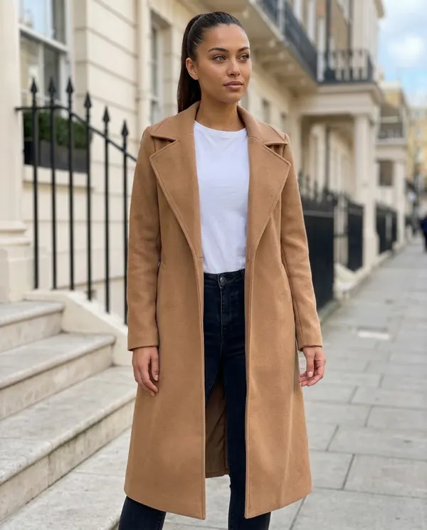 Satin Eve styling: Open-Front Long Wool-Look Coat with Lapel