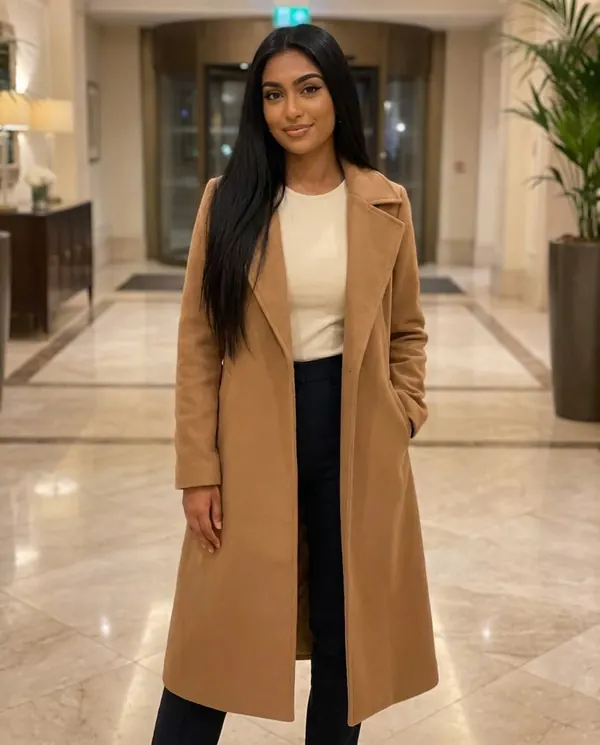 Satin Eve styling: Open-Front Long Wool-Look Coat with Lapel