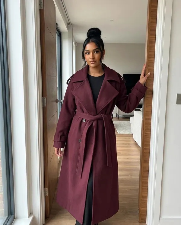 Satin Eve styling: Belted Double-Breasted Long Wool-Look Coat