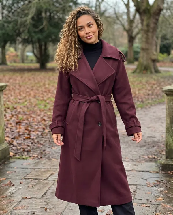 Satin Eve styling: Belted Double-Breasted Long Wool-Look Coat